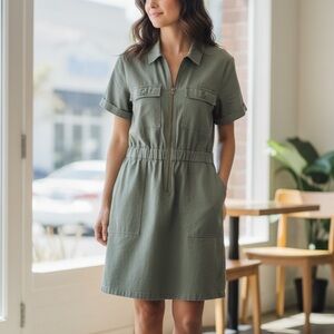 J. Crew Utility Zip-Front Army Green Short Sleeve Dress